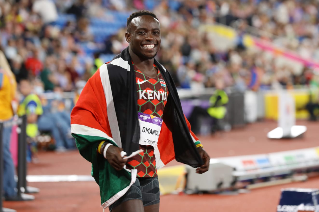 Ferdinand Omanyala celebrates after winning gold during the Commonwealth Games in Birmingham, United Kingdom. PHOTO/COURTESY