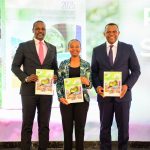 KenGen Managing Director and CEO Eng. Peter Njenga (Right) poses with Principal Secretary State Department for Environment and Climate Change Eng. Festus Ngeno (left) and UN Global Compact Kenya Executive Director Judy Njino during the launch of KenGen's inaugural Sustainability report at Karura Forest in Nairobi.
