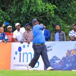 Veteran golfer Dismas Indiza teeing off surrounded by spectators during the Sunshine Development Tour at Ruiru Sports Club.